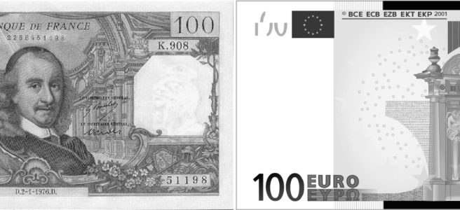 Billets de banque 100 francs et 100 euros