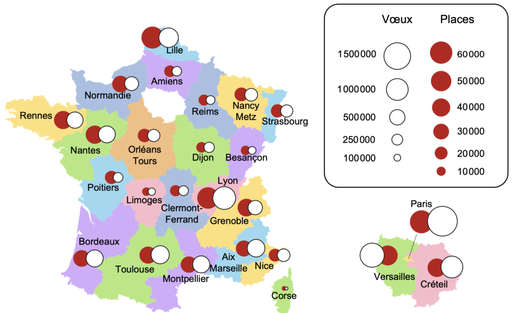 Carte des places et vœux par académie